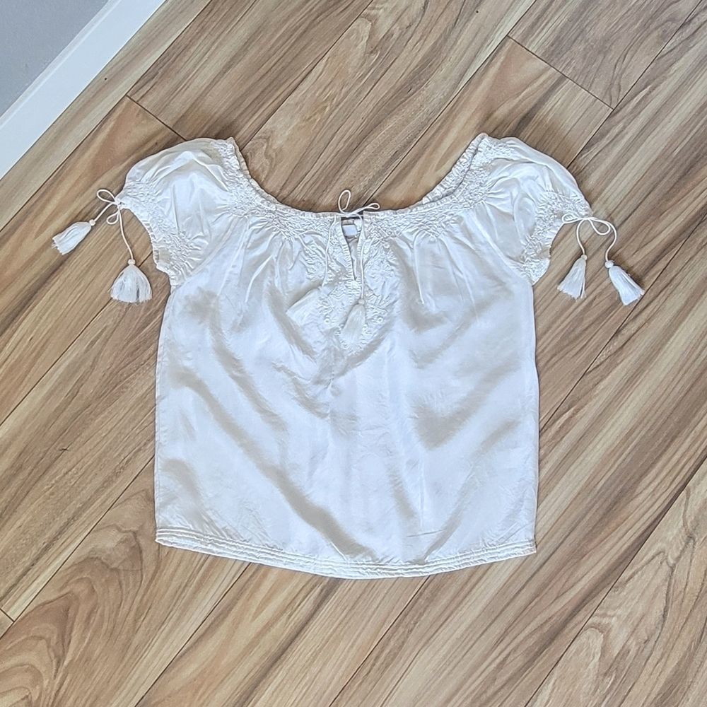Joie 100% Silk Vintage Embroidered Tassel Peasant Blouse in Ivory White